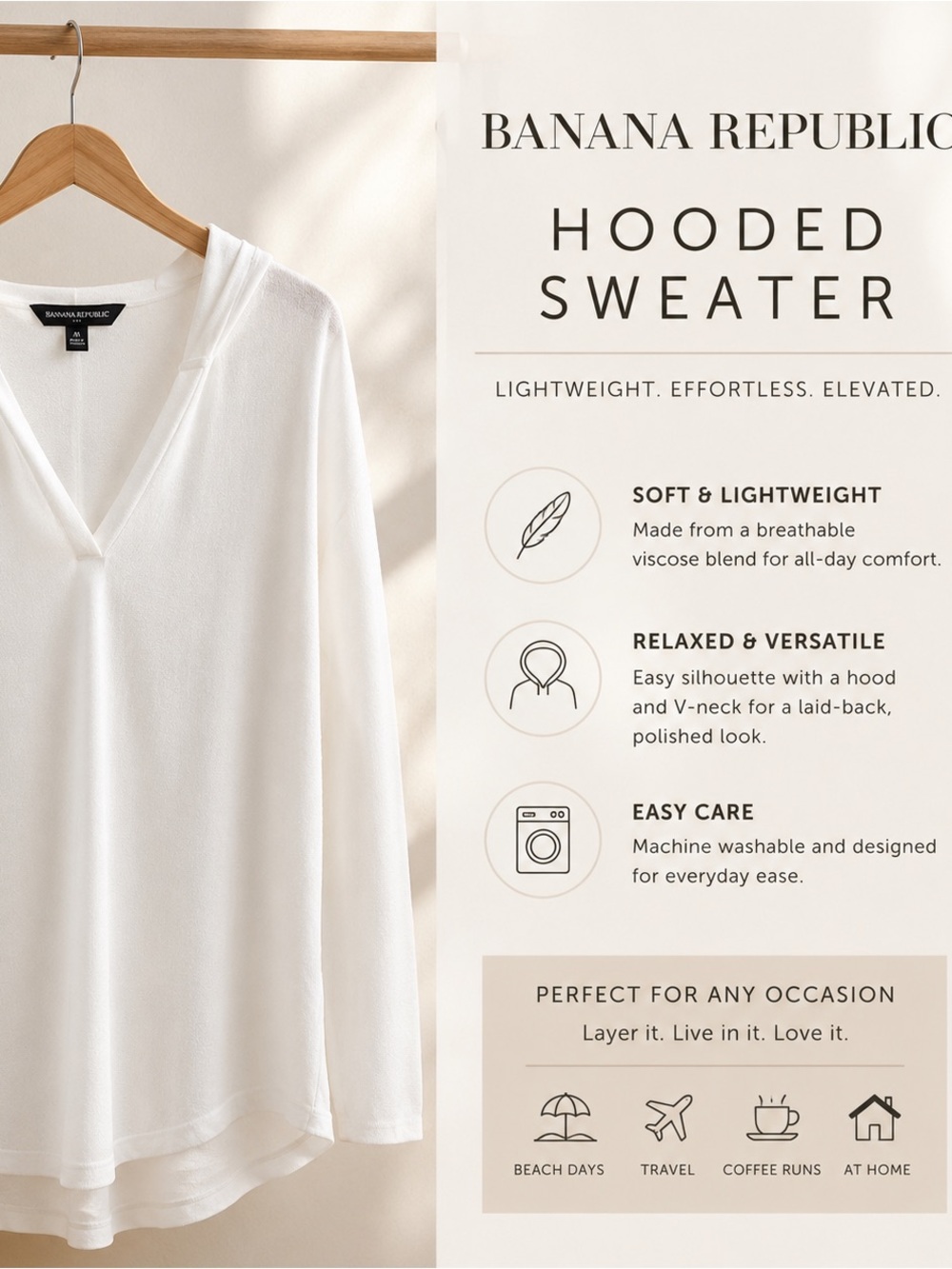 Banana Republic Ivory Hooded Sweater – Size M – Soft Lightweight Luxe